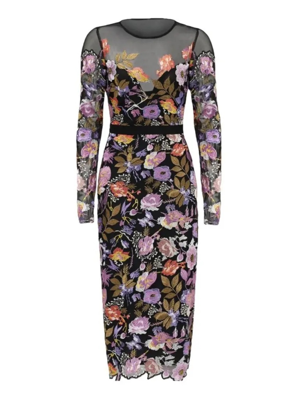 Black Floral Embroidered Long-Sleeve Midi Dress